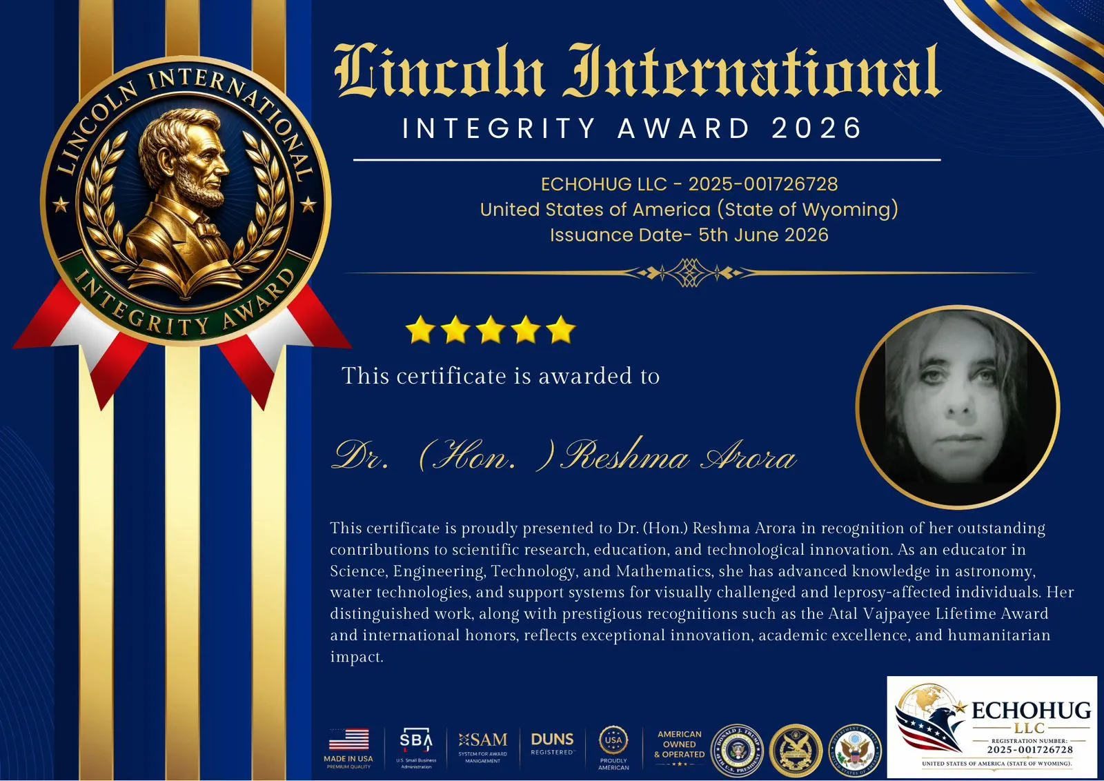 Dr ( Honorary). Reshma Arora awarded Global Merit Award, Lincoln Integrity Award, Bharat Ratna and Public Services Award