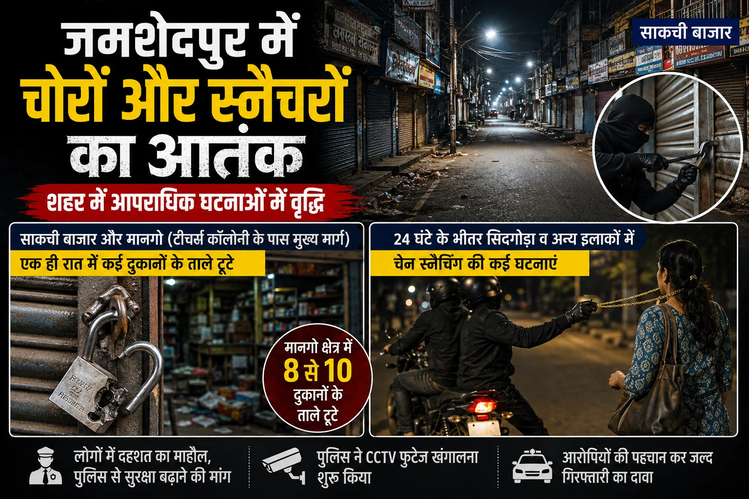 जमशेदपुर में चोरों और स्नैचरों का बढ़ता आतंक, एक ही रात में कई दुकानों के ताले टूटे, 24 घंटे में कई चेन स्नैचिंग की घटना