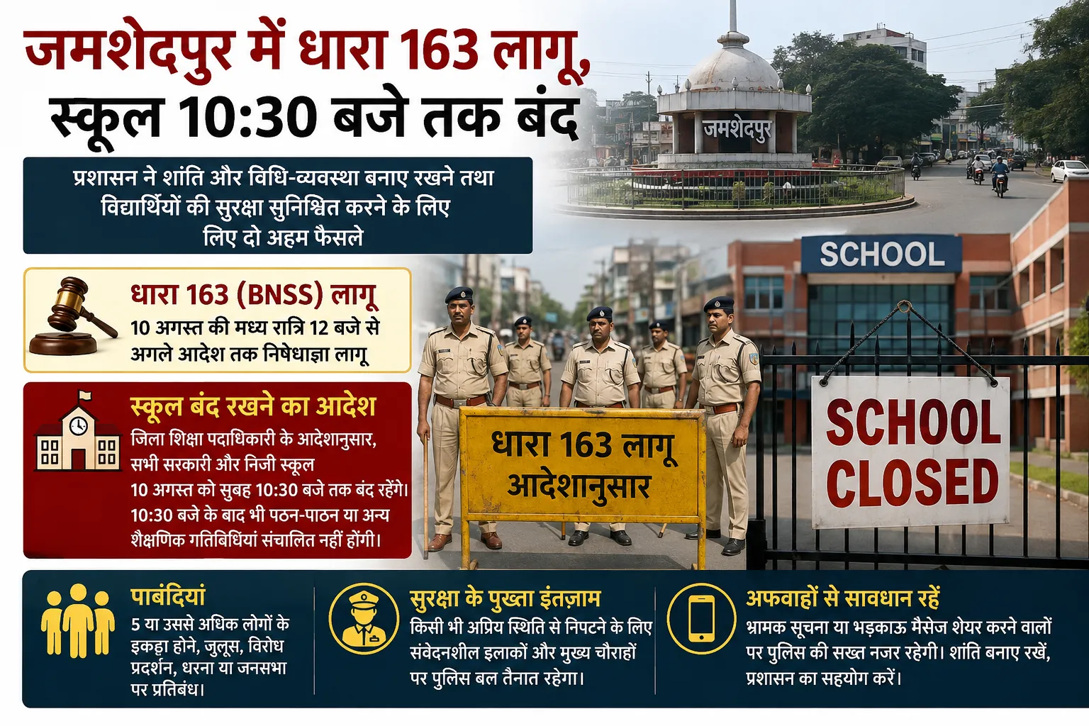 जमशेदपुर में छात्र आंदोलन को लेकर निषेधाज्ञा और स्कूल बंदी के निर्देश, 5+ लोगों के जुटने पर रोक