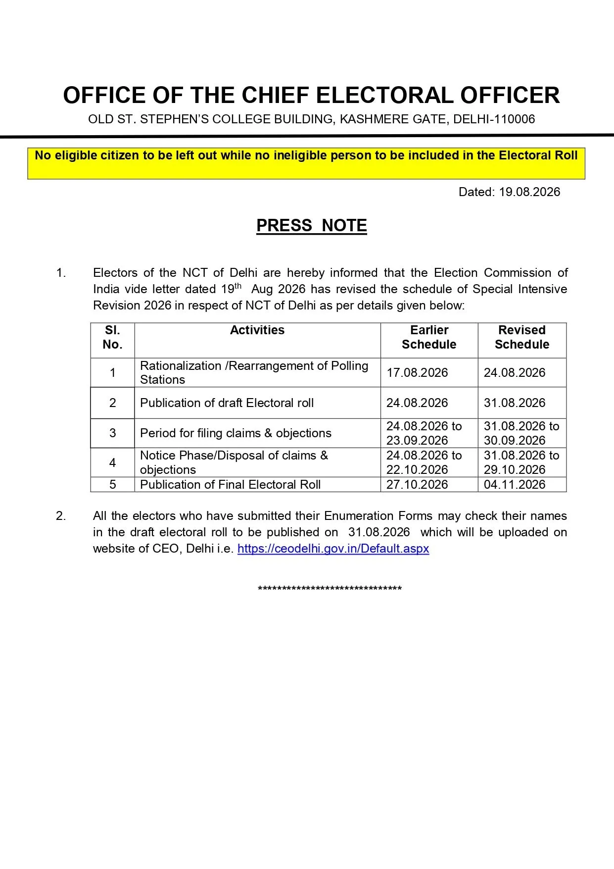 Electoral Roll Revision Timeline Updated for NCT of Delhi