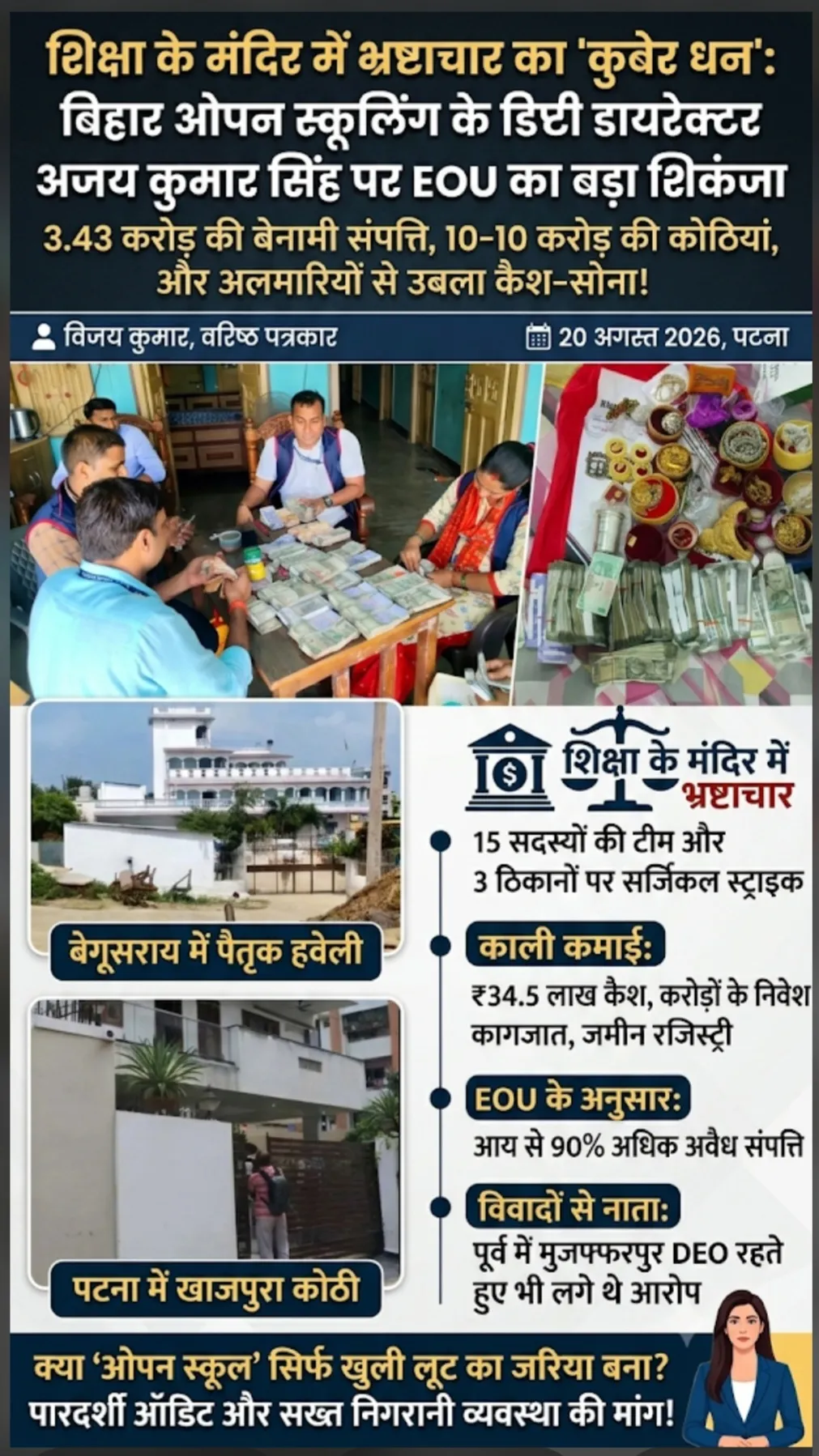 शिक्षा के मंदिर में भ्रष्टाचार का 'कुबेर धन' :

बिहार ओपन स्कूलिंग के डिप्टी डायरेक्टर अजय कुमार सिंह पर EOU का बड़ा शि