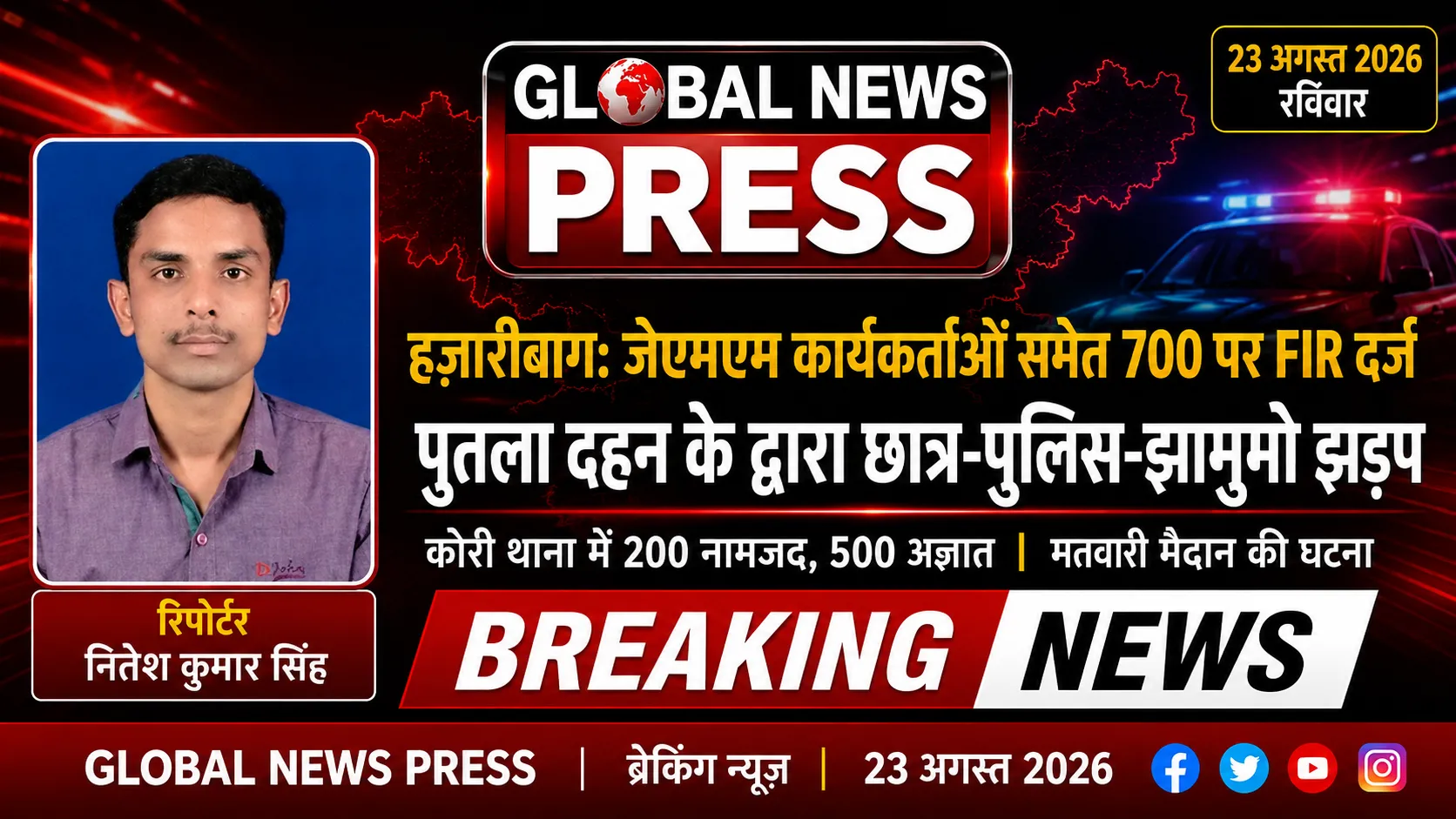 हजारीबाग में बड़ा पुलिस एक्शन: 700 लोगों पर FIR, 200 नामजद और 500 अज्ञात; पुतला दहन को लेकर हुआ था विवाद।
