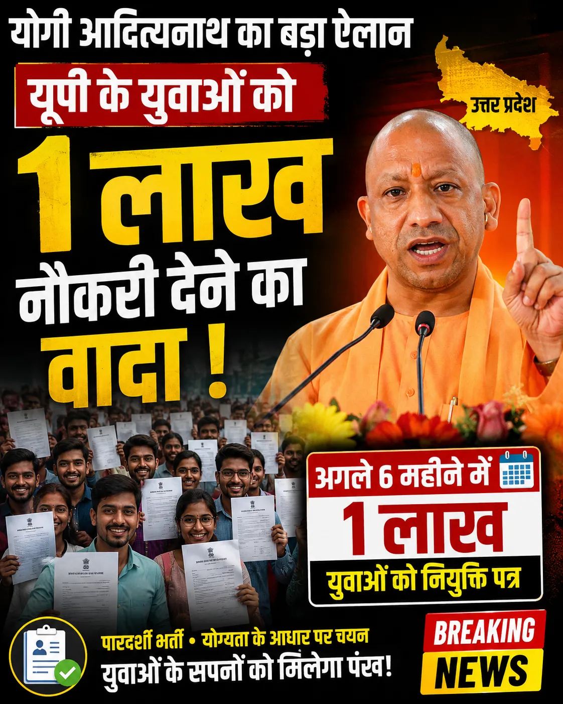 यूपी के युवाओं के लिए बड़ा ऐलान: अगले 6 महीने में 1 लाख सरकारी नियुक्तियां, CM योगी ने किया वादा