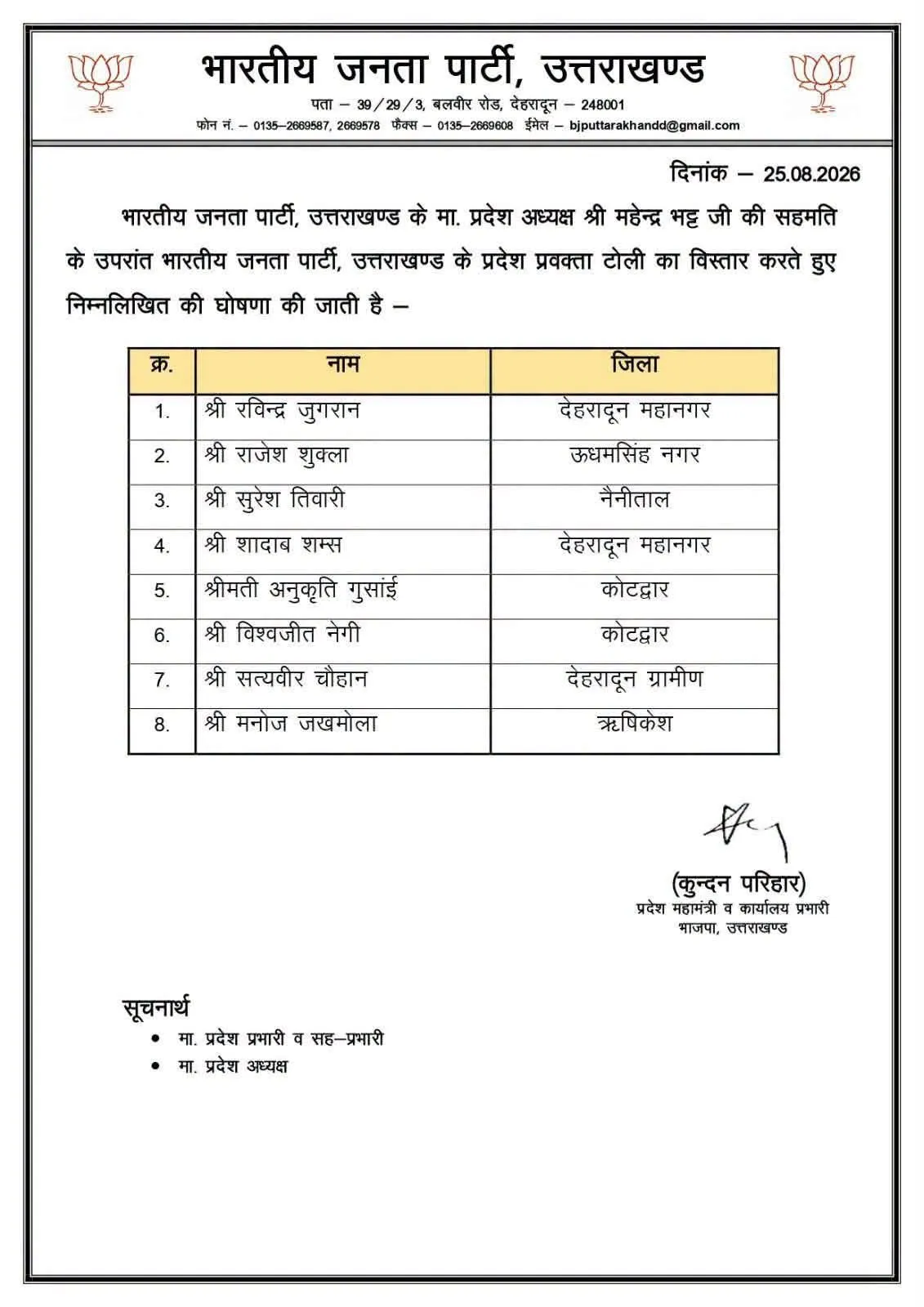 उत्तराखंड में भारतीय जनता पार्टी ने प्रदेश प्रवक़्ता  टोली का विस्तार करते हुए घोषणा की