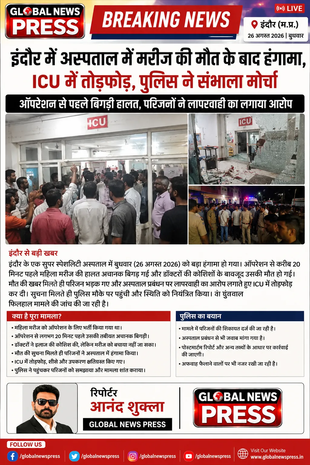 इंदौर में अस्पताल में मरीज की मौत के बाद हंगामा, ICU में तोड़फोड़, पुलिस ने संभाला मोर्चा