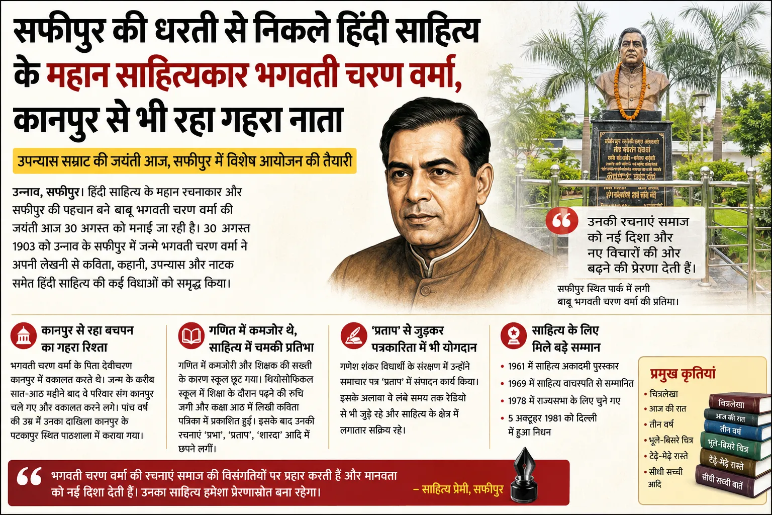 सफीपुर की धरती से निकले हिंदी साहित्य के महान साहित्यकार भगवती चरण वर्मा, कानपुर से भी रहा गहरा नाता