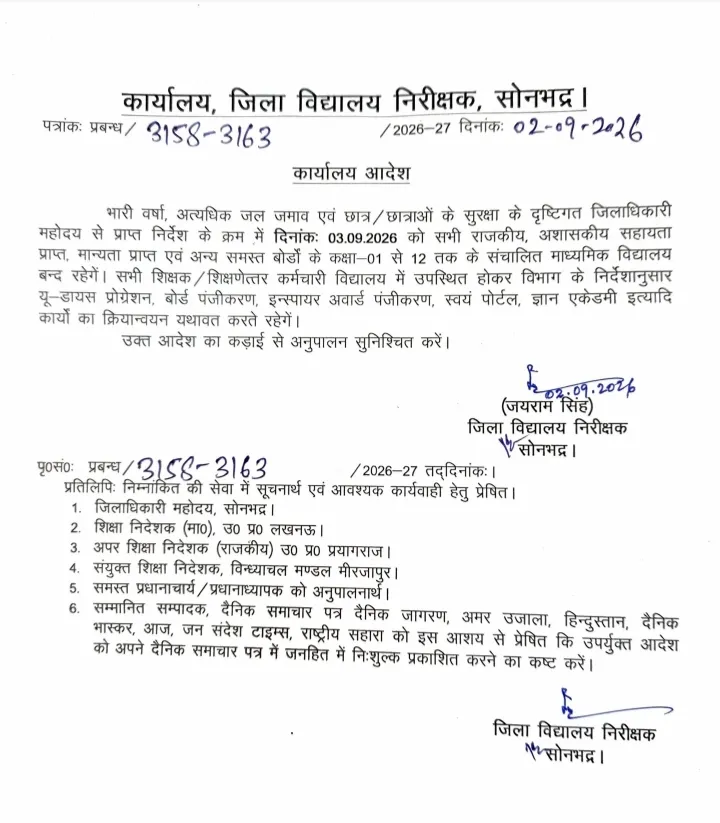 भारी बारिश के चलते सोनभद्र में 3 सितंबर को कक्षा 1 से 12 तक के सभी स्कूल बंद
