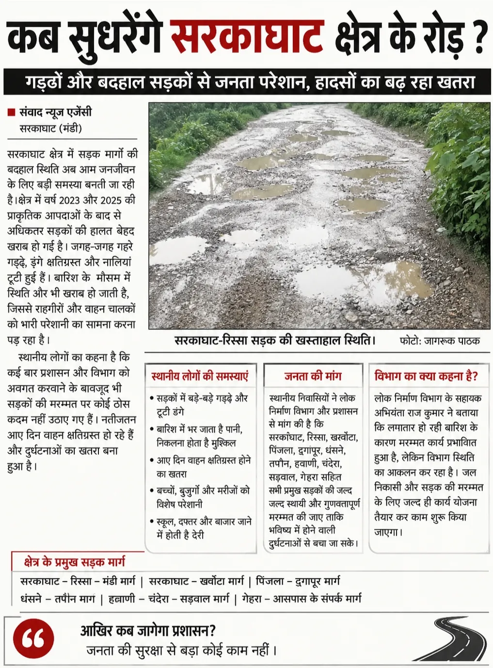 🚨 🧿कब सुधरेंगे सरकाघाट क्षेत्र के सड़क मार्ग?🧿