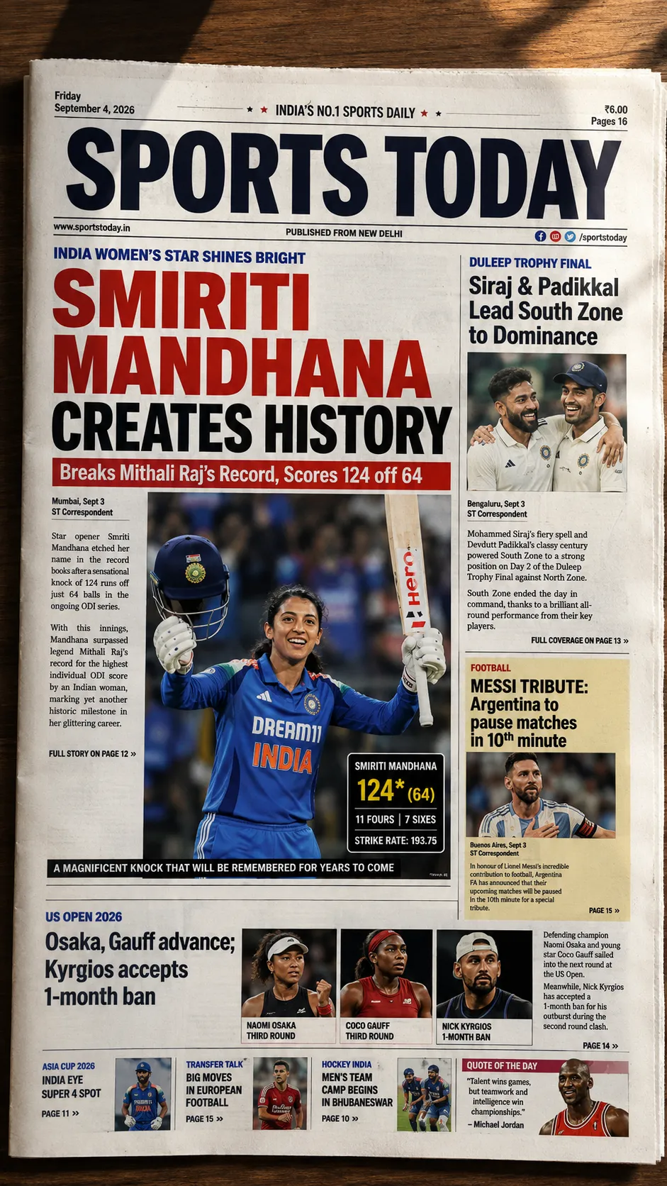 स्मृति मंधाना ने रचा इतिहास | 5 Sep 2026
- BCCI की बड़ी कार्रवाई | आज की स्पोर्ट्स न्यूज़ 5 बड़ी खबरें | 5 सितंबर 2026 |
