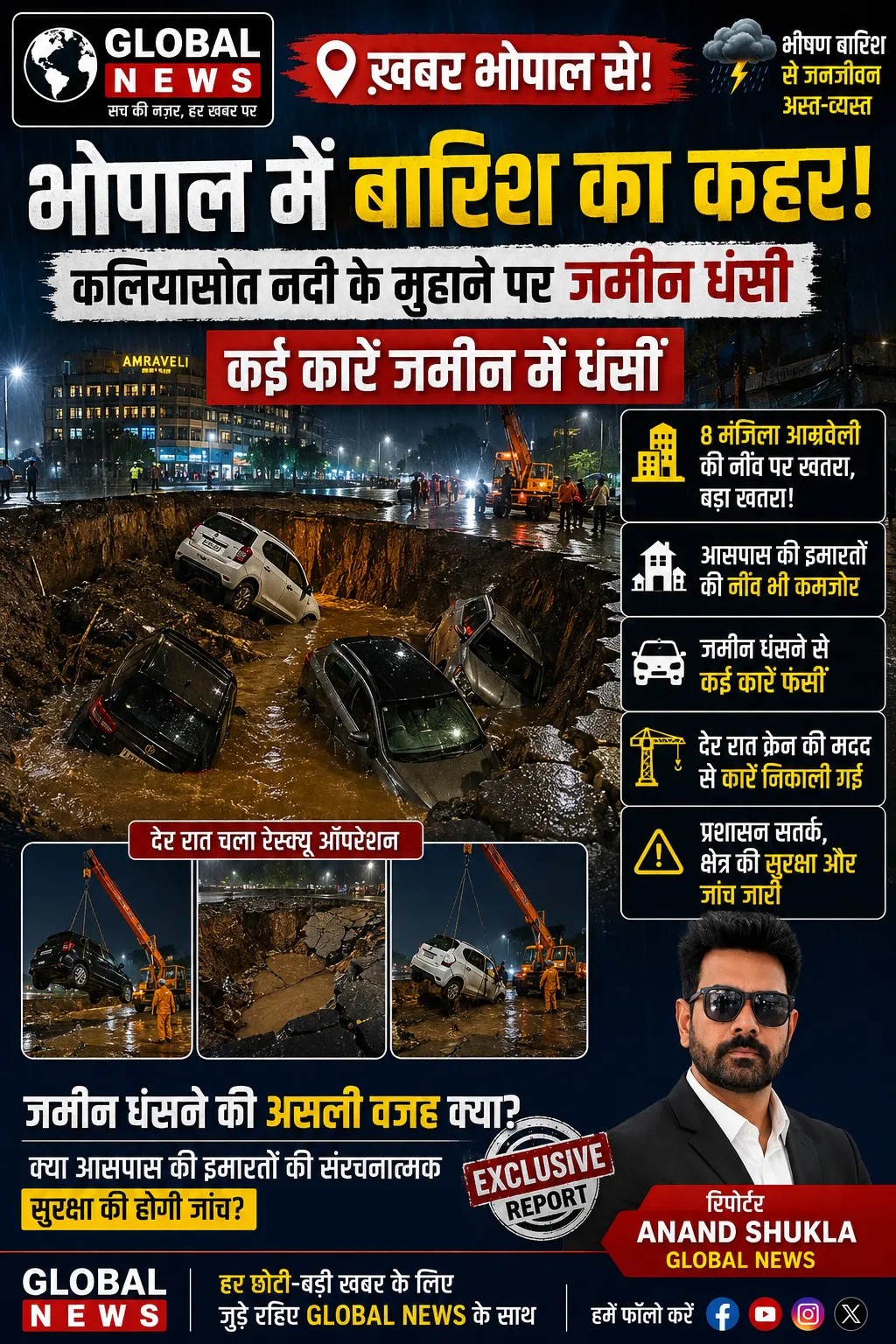 भोपाल में बारिश का कहर! कलियासोत के मुहाने पर धंसी जमीन, कारें फंसीं—इमारतों की नींव पर खतरा?”