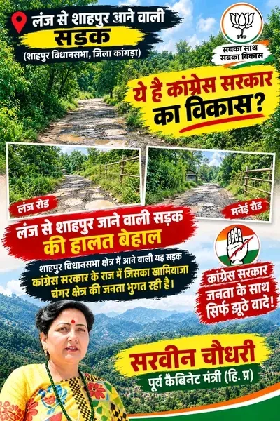 हिमाचल प्रदेश के जिला कांगडा शाहपुर विधानसभा क्षेत्र की यह महत्वपूर्ण सड़क आज खस्ताहाल ।