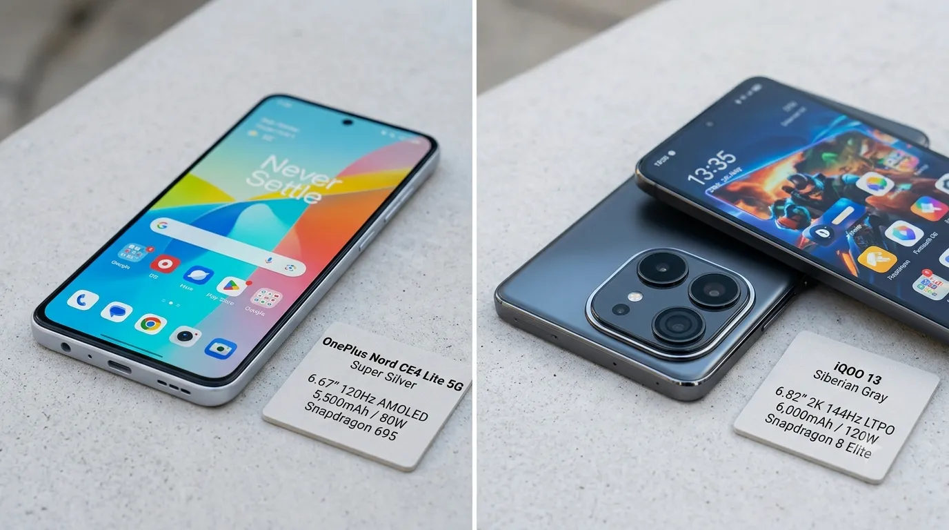The OnePlus Nord CE4 Lite 5G and iQOO 13 highlight contrasting market tiers.