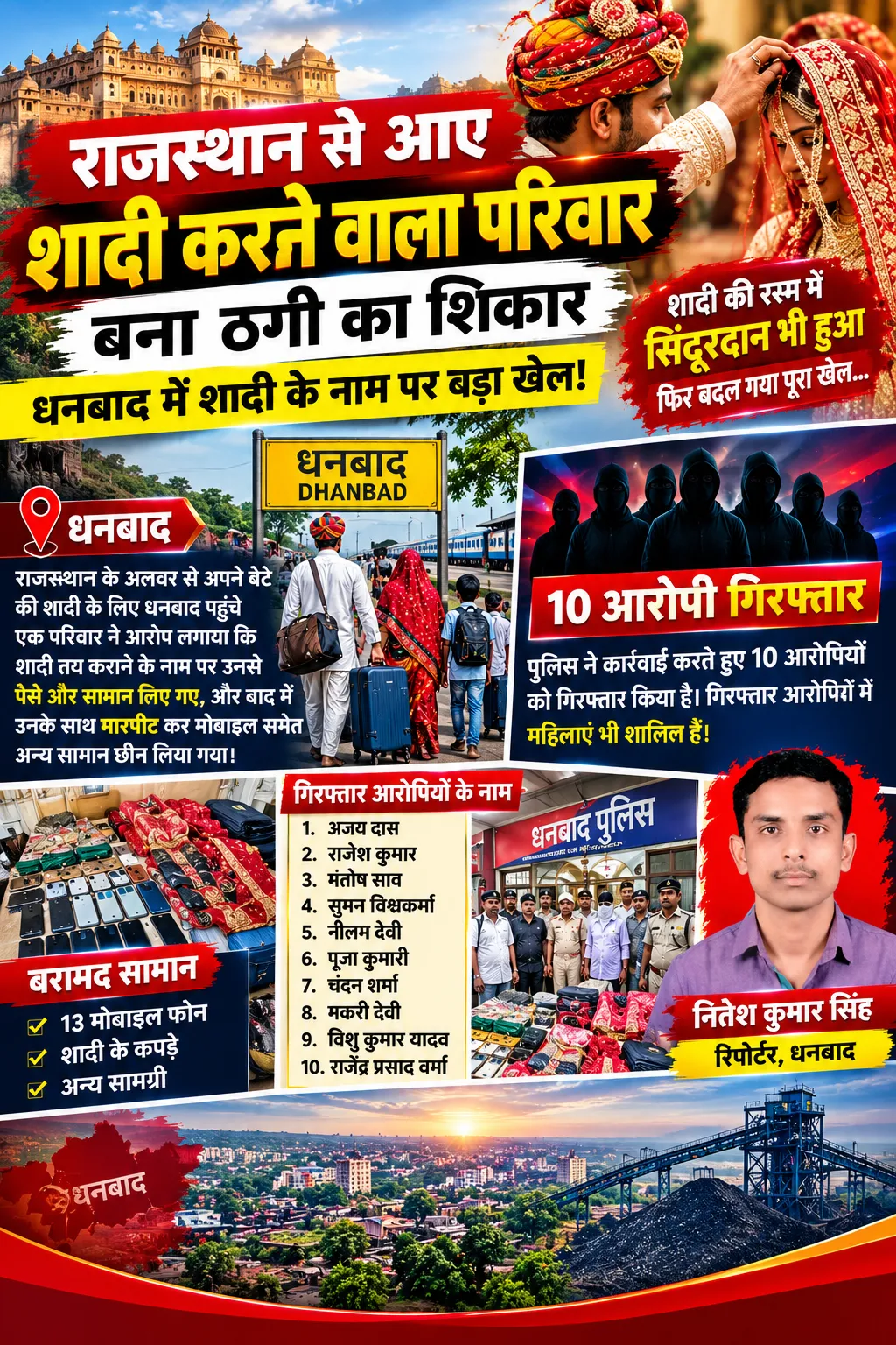 धनबाद में शादी के नाम पर कथित ठगी का मामला, राजस्थान से आया परिवार बना शिकार; 10 आरोपी गिरफ्तार
