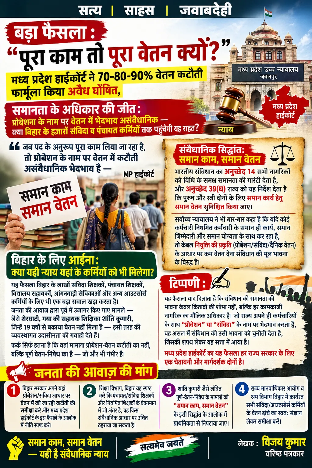 बड़ा फैसला :
"पूरा काम तो पूरा वेतन क्यों नहीं?" — मध्य प्रदेश हाईकोर्ट ने 70-80-90% वेतन कटौती फार्मूला किया अवैध घोषित