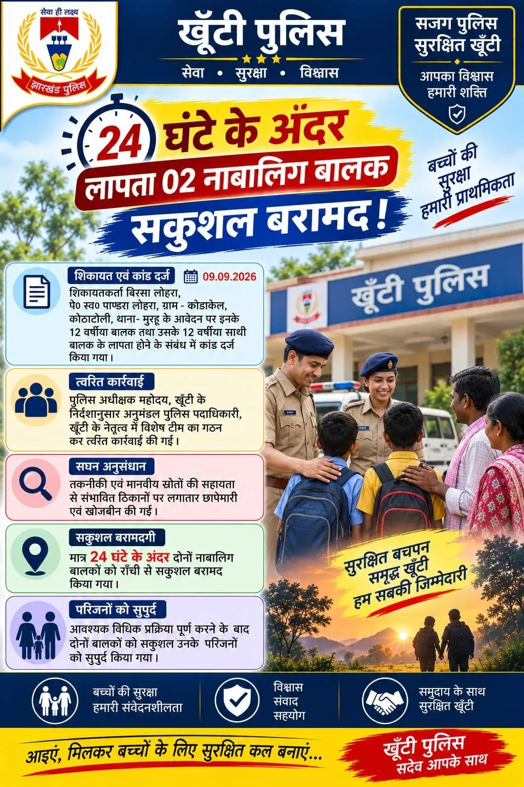 Khunti Police Success: Two Missing Minors Safely Traced from Ranchi Within 24 Hours