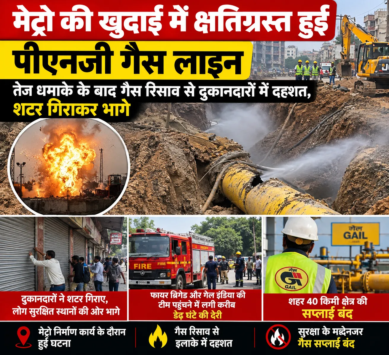 ब्रेकिंग न्यूज़ आगरा मेट्रो की खुदाई में PNG गैस लाइन क्षतिग्रस्त, तेज धमाके के बाद मचा हड़कंप