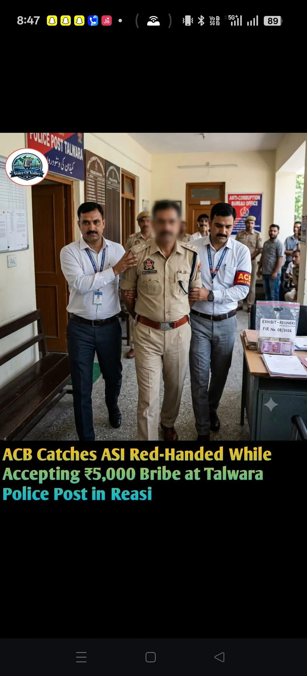 ACB Catches ASI Red-Handed While Accepting ₹5,000 Bribe at Talwara Police Post in Reasi . 

The Jammu & Kashmir Anti-Cor