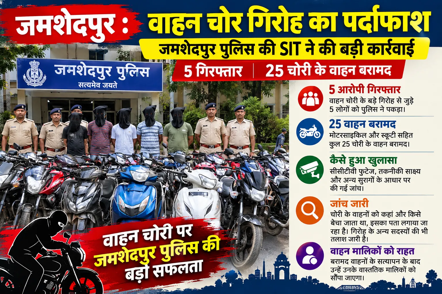 जमशेदपुर में वाहन चोर गिरोह का पर्दाफाश, 5 गिरफ्तार; 25 चोरी की मोटरसाइकिल और स्कूटी बरामद