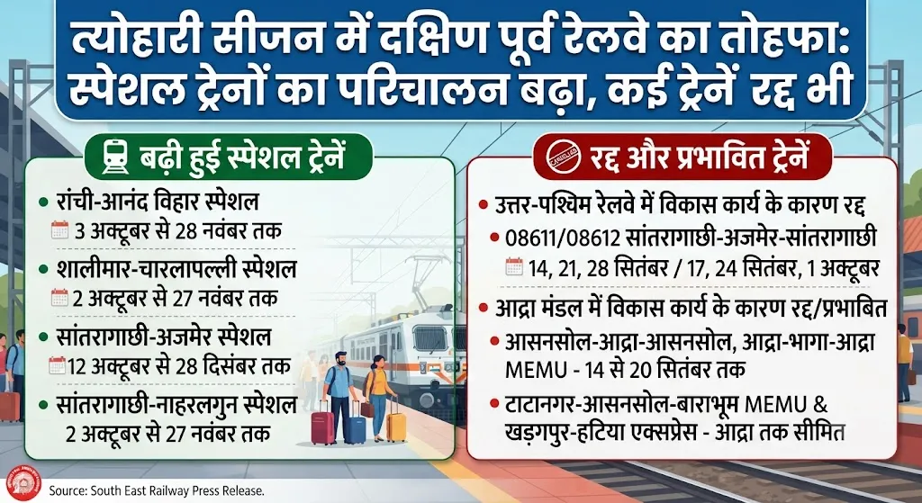 जमशेदपुर/चक्रधरपुर : दक्षिण पूर्व रेलवे ने स्पेशल ट्रेनों की अवधि बढ़ाई, आद्रा मंडल में ट्रेनें प्रभावित