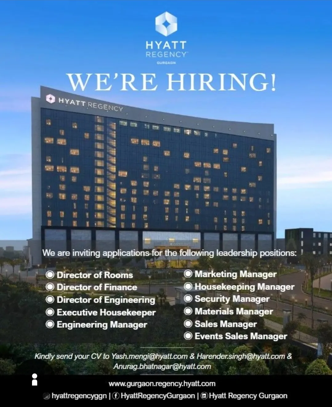Hyatt Regency Gurgaon Announces Hiring Drive for Key Leadership Roles