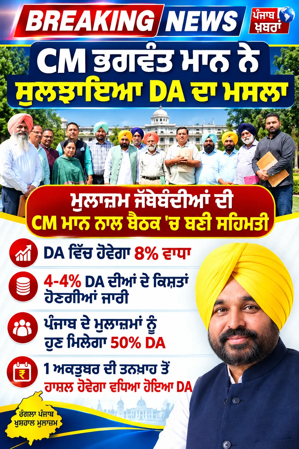 ਬਰੇਕਿੰਗ ਨਿਊਜ਼ ਸੀਐਮ ਭਗਵੰਤ ਮਾਨ ਨੇ ਸੁਲਝਾਇਆ ਡੀਏ ਦਾ ਮਸਲਾ