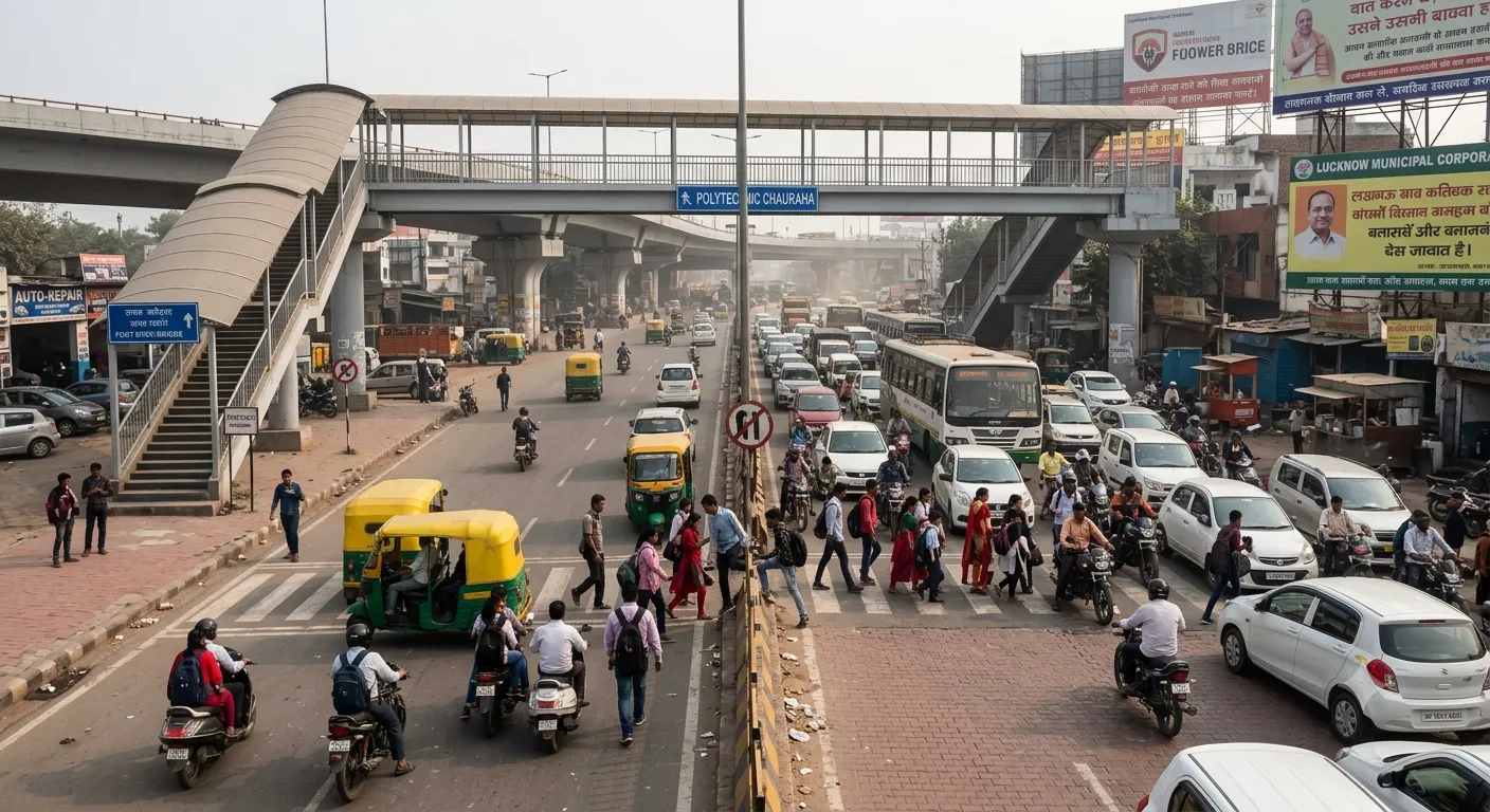 Bridge Above, Chaos Below: Lucknow’s Polytechnic Chauraha Paralyzed as Jaywalkers Shun Foot Overbridge