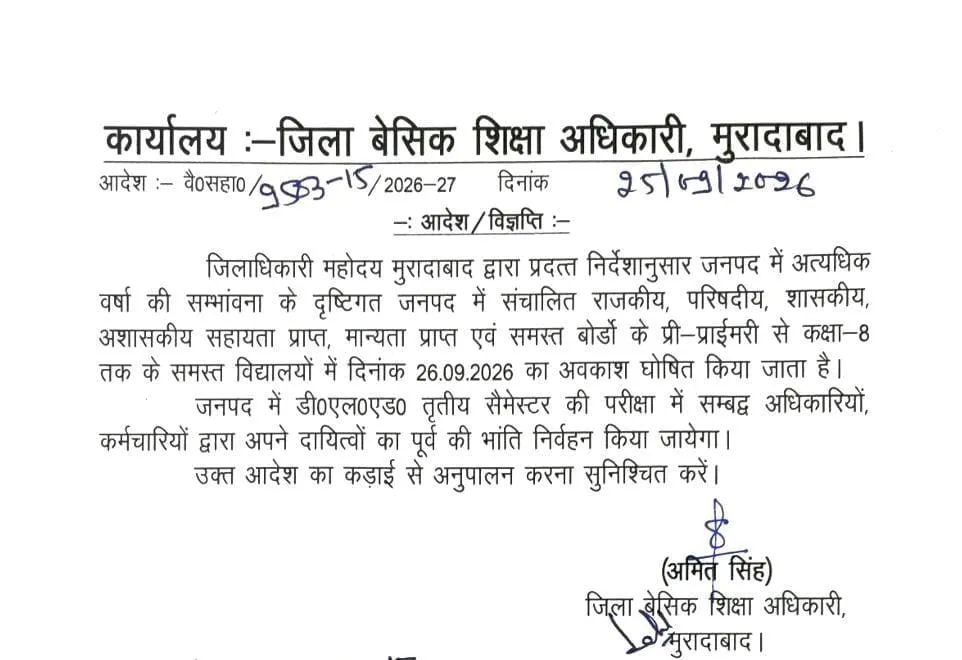 मुरादाबाद 
अत्यधिक वर्षा के पूर्वानुमान के कारण जिलाधिकारी मुरादाबाद द्वारा सभी विद्यालयों में आज का अवकाश