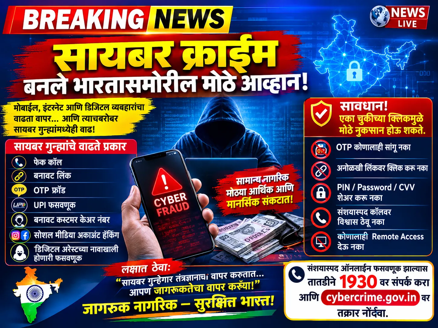 🚨 BREAKING NEWS 🚨
🇮🇳 सायबर क्राईम बनले भारतासमोरील मोठे आव्हान!