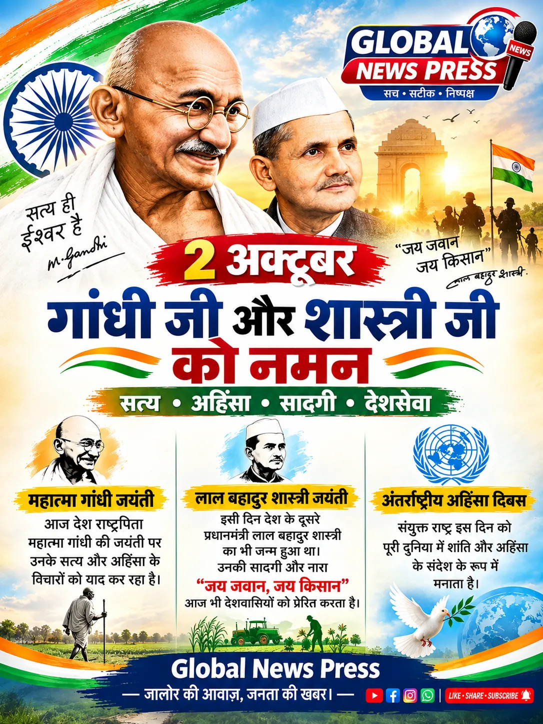 🇮🇳 2 अक्टूबर | विशेष दिवस

महात्मा गांधी जयंती

लाल बहादुर शास्त्री जयंती