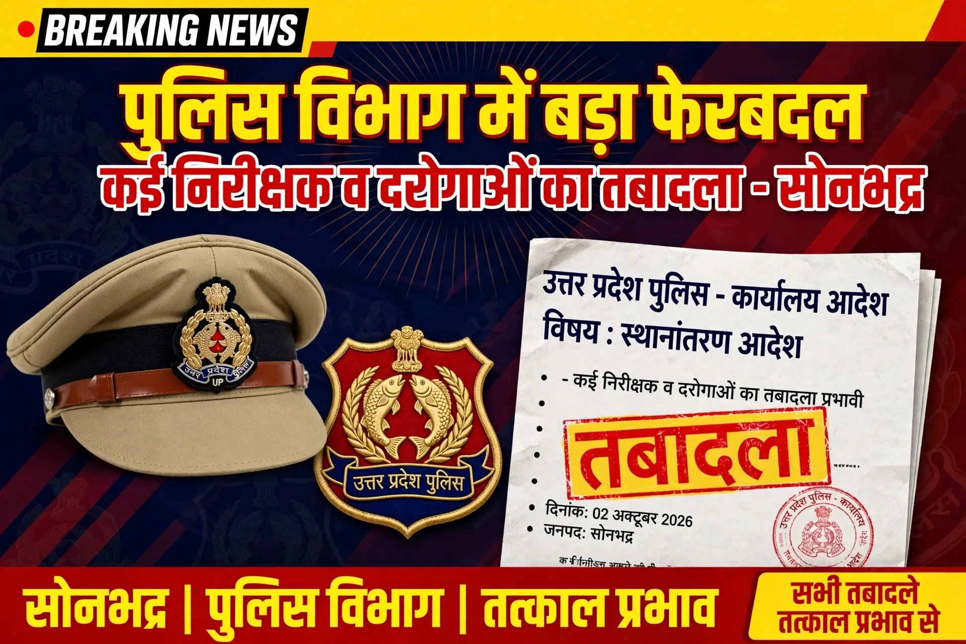 Sonbhadra News : पुलिस विभाग में बड़ा फेरबदल, कई निरीक्षक व दरोगाओं का तबादला*