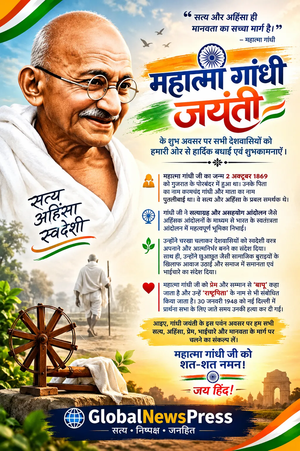 आज गांधी जयंती के शुभ अवसर पर सभी देशवासियों को हमारी ओर से हार्दिक बधाई एवं शुभकामनाएँ।