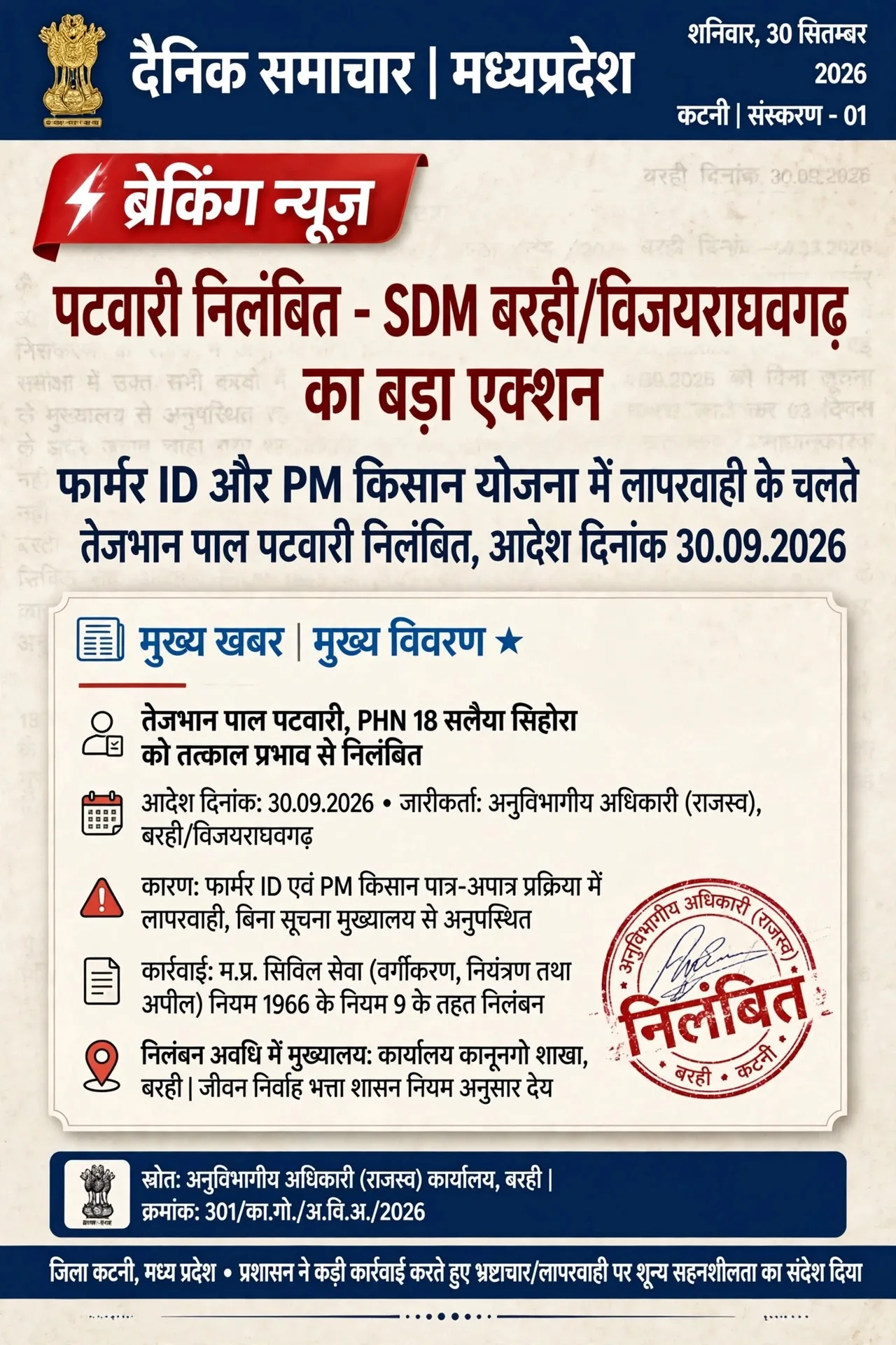 *पटवारी निलंबित - SDM बरही/विजयराघवगढ़ का बड़ा एक्शन*

*कटनी (म.प्र.) | 30 सितंबर 2026*

अनुविभागीय अधिकारी (राजस्व) विज