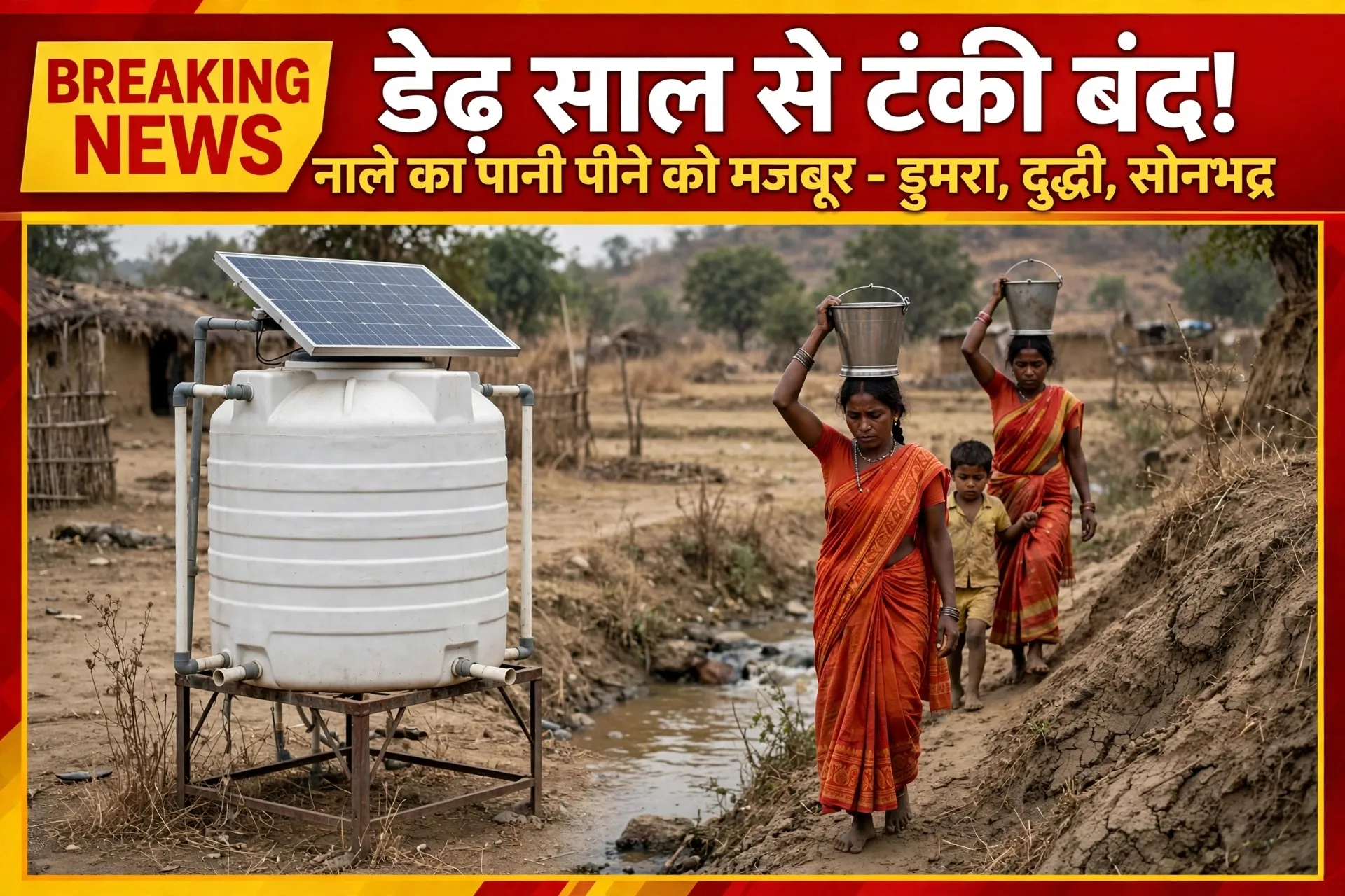 सोनभद्र के डुमरा में जल जीवन मिशन फेल! डेढ़ साल से टंकी बंद, आदिवासी महिलाएं नाले का गंदा पानी पीने को मजबूर*