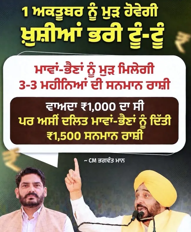 ਮਾਵਾਂ ਧੀਆਂ ਨੂੰ ਮੁੜ ਮਿਲੇਗੀ ਤਿੰਨ ਤਿੰਨ ਤਿੰਨ ਮਹੀਨਿਆਂ ਦੀ ਸਨਮਾਨ ਰਾਸ਼ੀ 1 ਅਕਤੂਬਰ ਨੂੰ ਮੁੜ ਹੋਈ ਖੁਸ਼ੀਆਂ ਭਰੀ ਟੂੰ ਟੂੰ