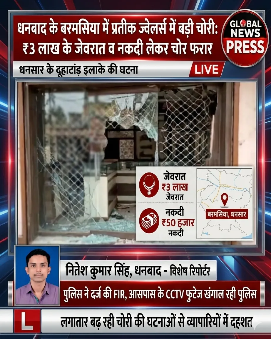 धनसार के दूहाटांड़ में ज्वेलर्स दुकान में बड़ी चोरी, करीब तीन लाख के जेवरात और नकदी लेकर चोर फरार