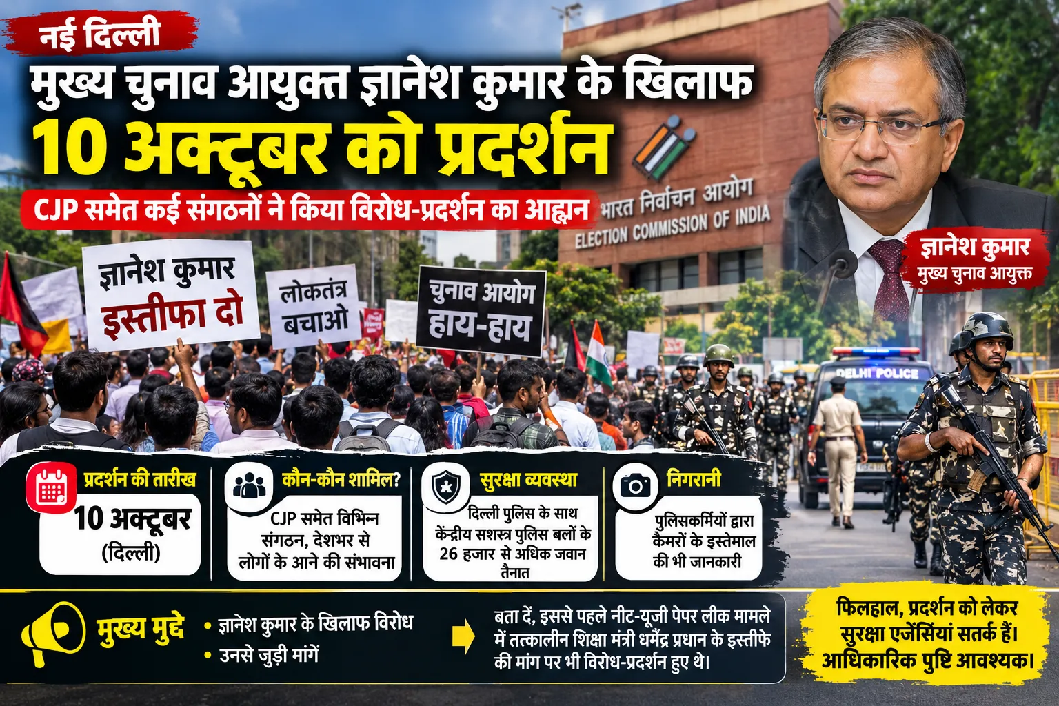 ब्रेकिंग न्यूज़ दिल्ली में 10 अक्टूबर को CEC ज्ञानेश कुमार के खिलाफ प्रदर्शन का ऐलान, सुरक्षा के कड़े इंतजाम