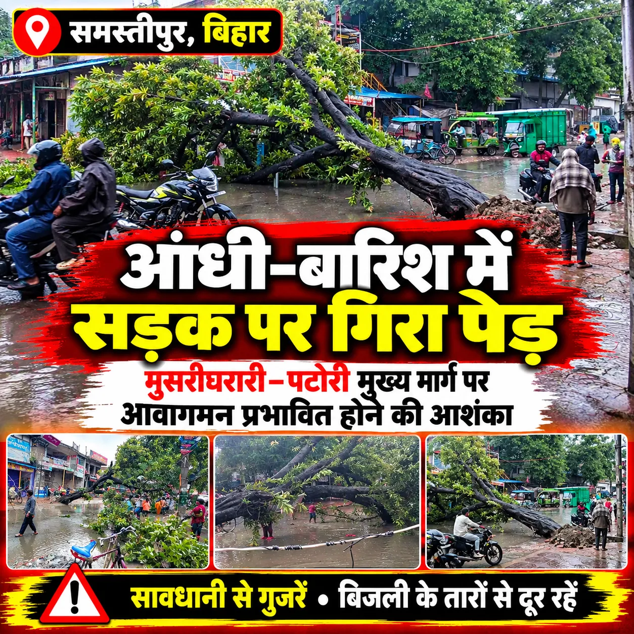 समस्तीपुर: मुसरीघरारी-पटोरी मुख्य मार्ग पर आंधी-बारिश में गिरा विशाल पेड़, आवागमन प्रभावित