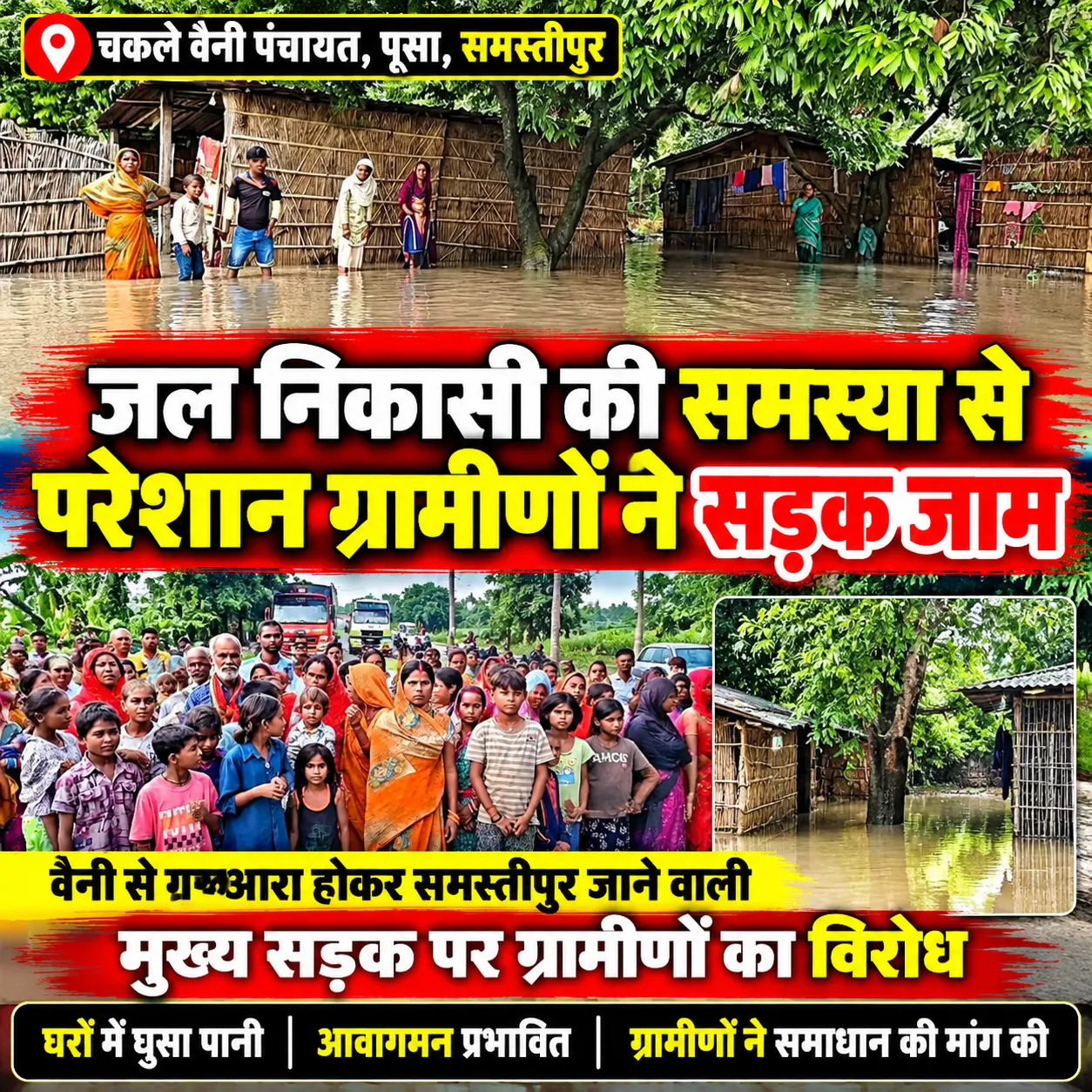 समस्तीपुर के पूसा में जल निकासी समस्या को लेकर ग्रामीणों ने सड़क जाम कर दिया विरोध