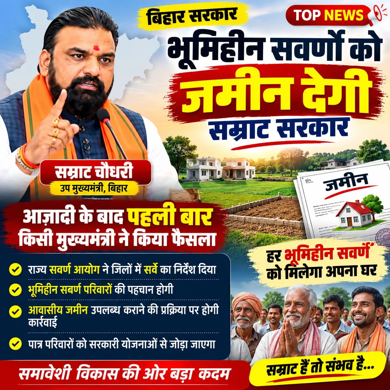 िहार में भूमिहीन सवर्ण परिवारों का सर्वे, आवासीय जमीन उपलब्ध कराने की तैयार