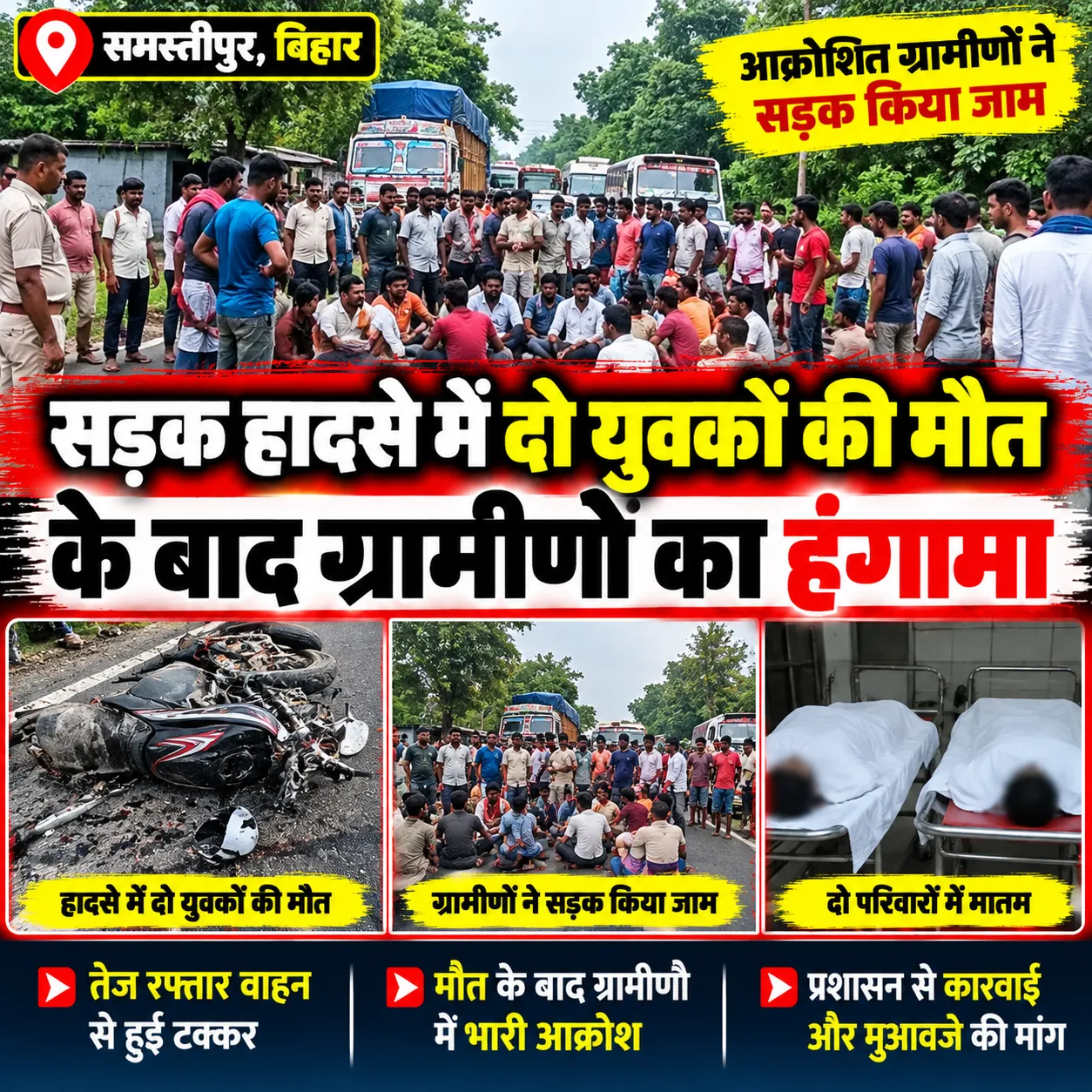 समस्तीपुर: मोहनपुर थाना क्षेत्र में बोलेरो की टक्कर से दो युवकों की मौत, सड़क जाम हटाया गया