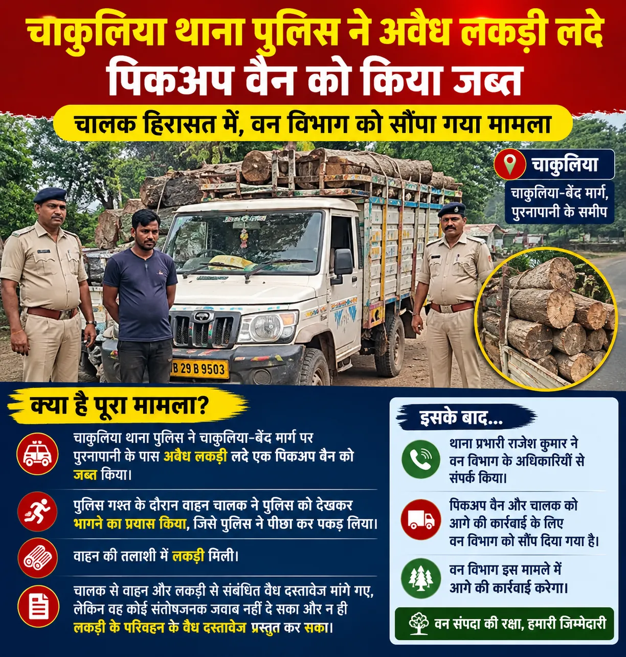 चाकुलिया -बेंद मार्ग पर पुरनापानी के पास अवैध लकड़ी लदी पिकअप वैन जब्त, चालक हिरास