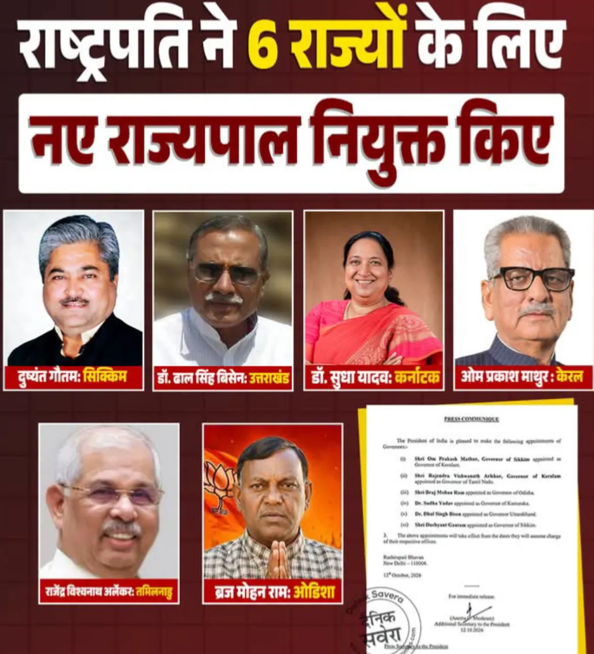 राष्ट्रपति ने छह राज्यों के लिए नए राज्यपाल नियुक्त किए