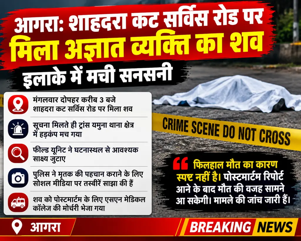 ब्रेकिंग न्यूज़ आगरा: शाहदरा कट सर्विस रोड पर मिला अज्ञात व्यक्ति का शव, इलाके में मची सनसनी