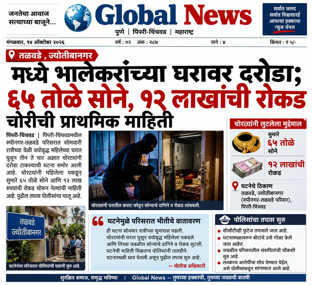 दरोडा; ६५ तोळे सोने, १२ लाखांची रोकड