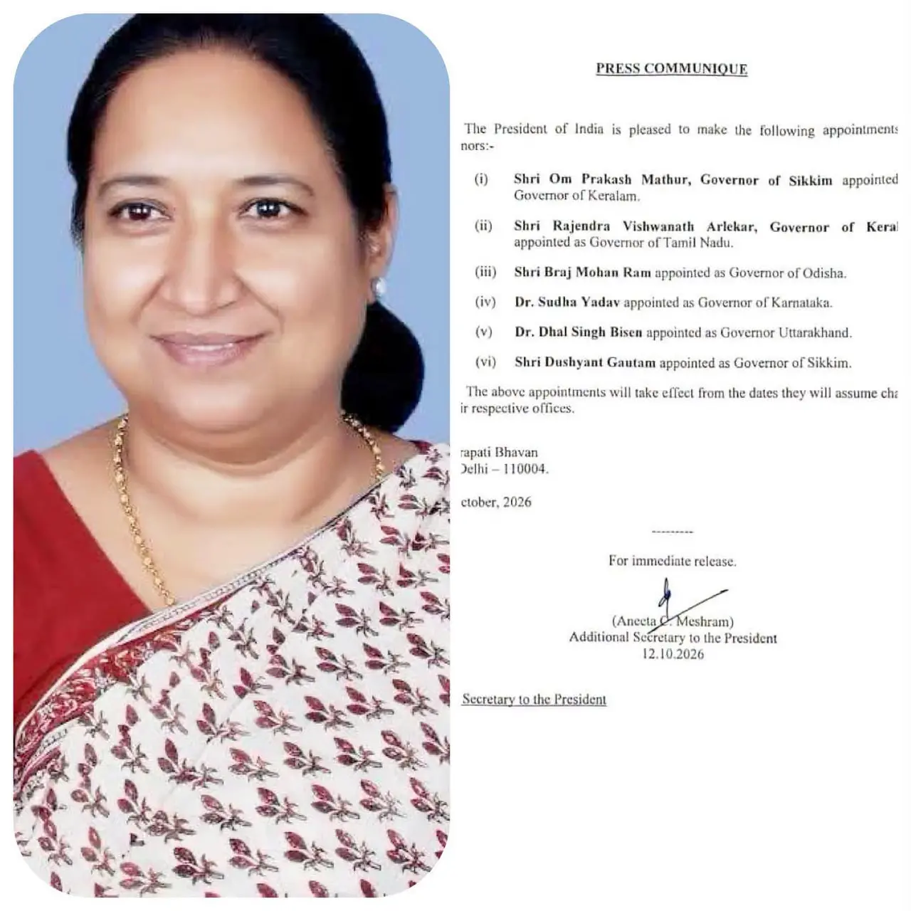 Here are the key details about Dr. Sudha Yadav, who has been appointed as the new Governor of Karnataka:
