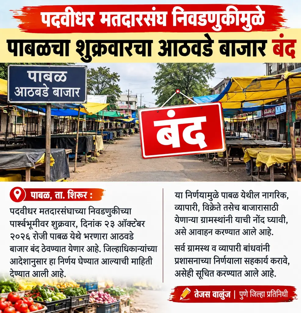 पदवीधर मतदारसंघ निवडणुकीमुळे पाबळचा शुक्रवारचा आठवडे बाजार बंद