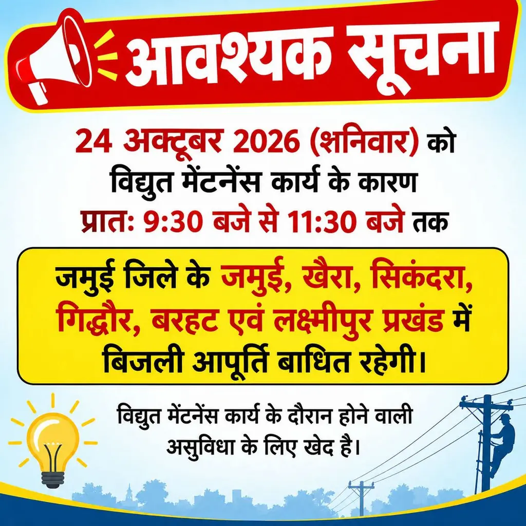 जमुई जिले के इन क्षेत्रों में कल प्रात: 9.30बजे से 11.30बजे तक बिजली बाधित रहेगी