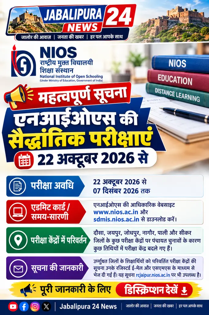 21 OCT 2026 4:14PM by PIB Jaipur
एनआईओएस की सैद्धांतिक परीक्षाएं 22 अक्टूबर 2026 से