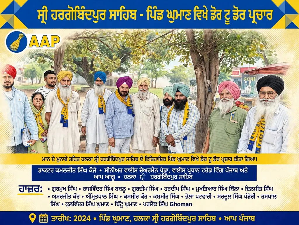 ਮਾਨ ਦੇ ਮੁਨਾਫੇ ਤਾਹਿਤ ਹਲਕਾ ਸ਼੍ਰੀ ਹਰਗੋਬਿੰਦਪੁਰ ਸਾਹਿਬ ਦੇ ਇਤਿਹਾਸਿਕ ਪਿੰਡ ਘੁਮਾਣ ਵਿਖੇ ਡੋਰ ਟੂ ਡੋਰ ਪ੍ਰਚਾਰ ਕੀਤਾ ਗਿਆ ਡਾਕਟਰ ਕਮਲਜੀਤ