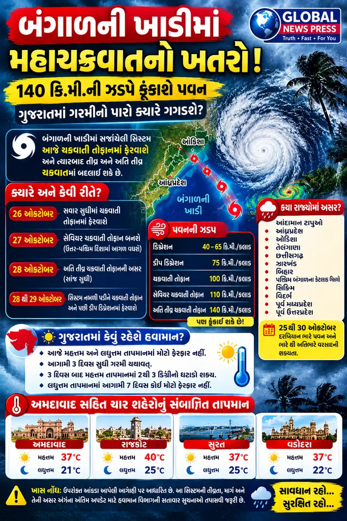 🌪️ બંગાળની ખાડીમાં મહાચક્રવાતનો ખતરો! 140 કિ.મી.ની ઝડપે ફૂંકાશે પવન, ગુજરાતમાં ગરમીનો પારો ક્યારે ગગડશે?
